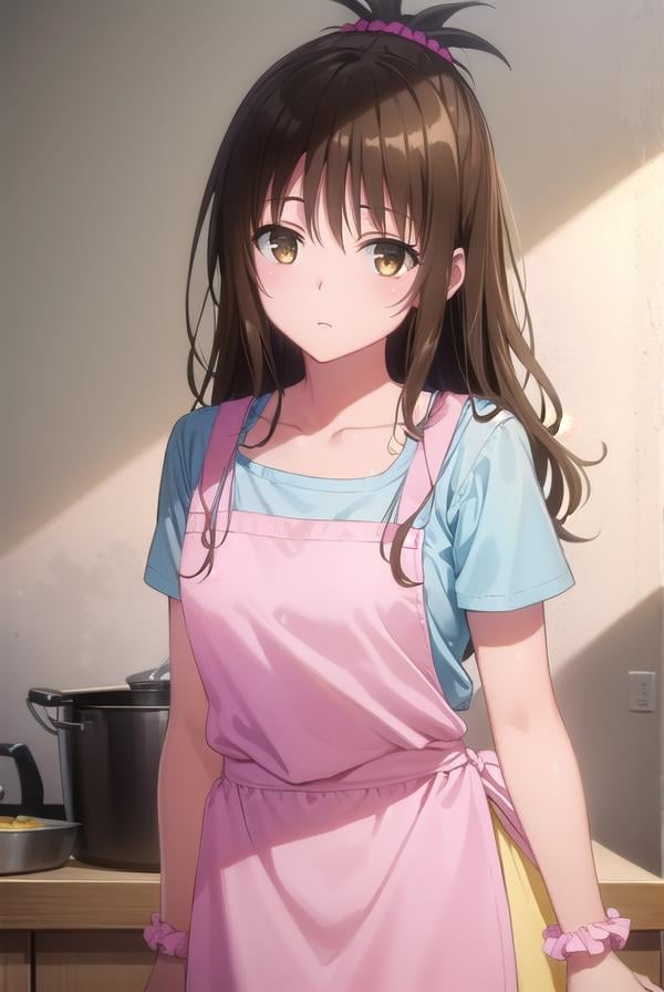 mikanyuuki, <lyco:mikan yuuki darkness-lyco-nochekaiser:1>,mikan yuuki, (brown eyes:1.5), brown hair, hair ornament, hair scrunchie, long hair, pink scrunchie, scrunchie, (flat chest:1.2),BREAK apron, blouse, collarbone, layered skirt, pink shirt, shirt, short sleeves, skirt, yellow apron,BREAK indoors, kitchen,BREAK looking at viewer, (cowboy shot:1.5),BREAK <lyco:GoodHands-beta2:1>, (masterpiece:1.2), best quality, high resolution, unity 8k wallpaper, (illustration:0.8), (beautiful detailed eyes:1.6), extremely detailed face, perfect lighting, extremely detailed CG, (perfect hands, perfect anatomy),