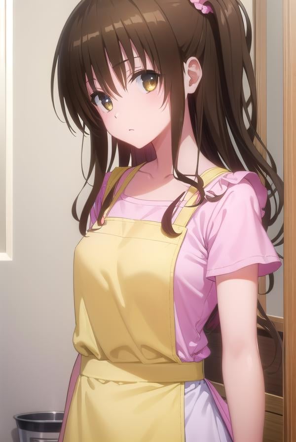 mikanyuuki, <lyco:mikan yuuki darkness-lyco-nochekaiser:1>,mikan yuuki, (brown eyes:1.5), brown hair, hair ornament, hair scrunchie, long hair, pink scrunchie, scrunchie, (flat chest:1.2),BREAK apron, blouse, collarbone, layered skirt, pink shirt, shirt, short sleeves, skirt, yellow apron,BREAK indoors, kitchen,BREAK looking at viewer, (cowboy shot:1.5),BREAK <lyco:GoodHands-beta2:1>, (masterpiece:1.2), best quality, high resolution, unity 8k wallpaper, (illustration:0.8), (beautiful detailed eyes:1.6), extremely detailed face, perfect lighting, extremely detailed CG, (perfect hands, perfect anatomy),