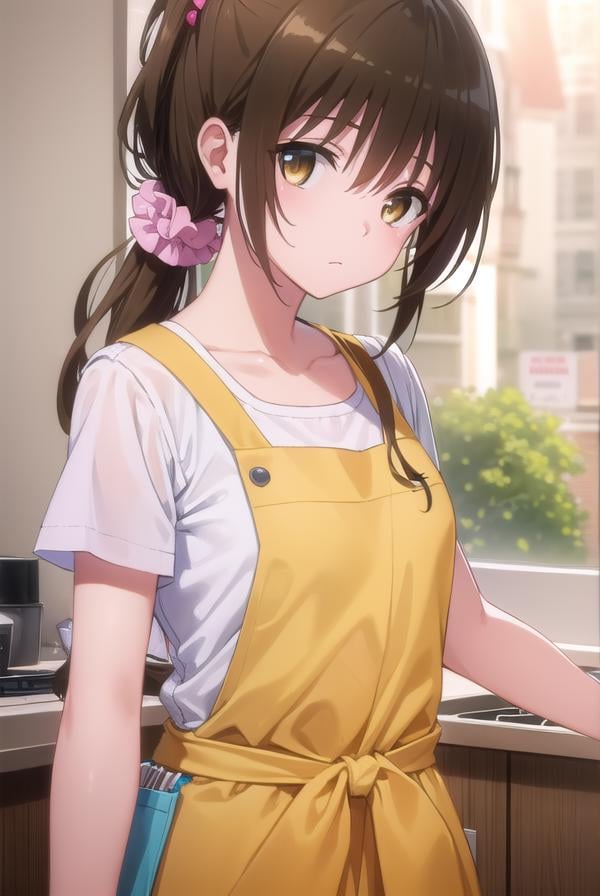 mikanyuuki, <lyco:mikan yuuki darkness-lyco-nochekaiser:1>,mikan yuuki, (brown eyes:1.5), brown hair, hair ornament, hair scrunchie, long hair, pink scrunchie, scrunchie, (flat chest:1.2),BREAK apron, blouse, collarbone, layered skirt, pink shirt, shirt, short sleeves, skirt, yellow apron,BREAK indoors, kitchen,BREAK looking at viewer, (cowboy shot:1.5),BREAK <lyco:GoodHands-beta2:1>, (masterpiece:1.2), best quality, high resolution, unity 8k wallpaper, (illustration:0.8), (beautiful detailed eyes:1.6), extremely detailed face, perfect lighting, extremely detailed CG, (perfect hands, perfect anatomy),