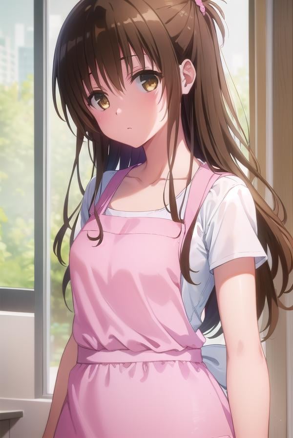 mikanyuuki, <lyco:mikan yuuki darkness-lyco-nochekaiser:1>,mikan yuuki, (brown eyes:1.5), brown hair, hair ornament, hair scrunchie, long hair, pink scrunchie, scrunchie, (flat chest:1.2),BREAK apron, blouse, collarbone, layered skirt, pink shirt, shirt, short sleeves, skirt, yellow apron,BREAK indoors, kitchen,BREAK looking at viewer, (cowboy shot:1.5),BREAK <lyco:GoodHands-beta2:1>, (masterpiece:1.2), best quality, high resolution, unity 8k wallpaper, (illustration:0.8), (beautiful detailed eyes:1.6), extremely detailed face, perfect lighting, extremely detailed CG, (perfect hands, perfect anatomy),