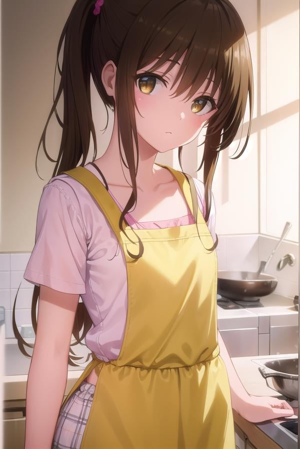 mikanyuuki, <lyco:mikan yuuki darkness-lyco-nochekaiser:1>,mikan yuuki, (brown eyes:1.5), brown hair, hair ornament, hair scrunchie, long hair, pink scrunchie, scrunchie, (flat chest:1.2),BREAK apron, blouse, collarbone, layered skirt, pink shirt, shirt, short sleeves, skirt, yellow apron,BREAK indoors, kitchen,BREAK looking at viewer, (cowboy shot:1.5),BREAK <lyco:GoodHands-beta2:1>, (masterpiece:1.2), best quality, high resolution, unity 8k wallpaper, (illustration:0.8), (beautiful detailed eyes:1.6), extremely detailed face, perfect lighting, extremely detailed CG, (perfect hands, perfect anatomy),