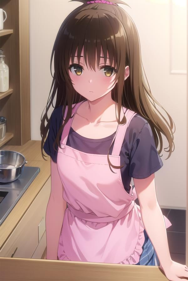 mikanyuuki, <lyco:mikan yuuki darkness-lyco-nochekaiser:1>,mikan yuuki, (brown eyes:1.5), brown hair, hair ornament, hair scrunchie, long hair, pink scrunchie, scrunchie, (flat chest:1.2),BREAK apron, blouse, collarbone, layered skirt, pink shirt, shirt, short sleeves, skirt, yellow apron,BREAK indoors, kitchen,BREAK looking at viewer, (cowboy shot:1.5),BREAK <lyco:GoodHands-beta2:1>, (masterpiece:1.2), best quality, high resolution, unity 8k wallpaper, (illustration:0.8), (beautiful detailed eyes:1.6), extremely detailed face, perfect lighting, extremely detailed CG, (perfect hands, perfect anatomy),