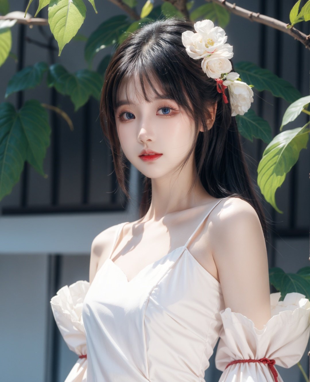  1girl, solo, flower, long hair, black hair, hair ornament, hair flower, blue eyes, floral print, chinese clothes, looking at viewer, detached sleeves, upper body, white flower, parted lips, dress, pink flower, china dress, bare shoulders, blush, red flower, eyelashes, white dress, lips, sleeveless, parted bangs, glowing,lens flare,big leaf,plant, wind, cute girl,blurry background