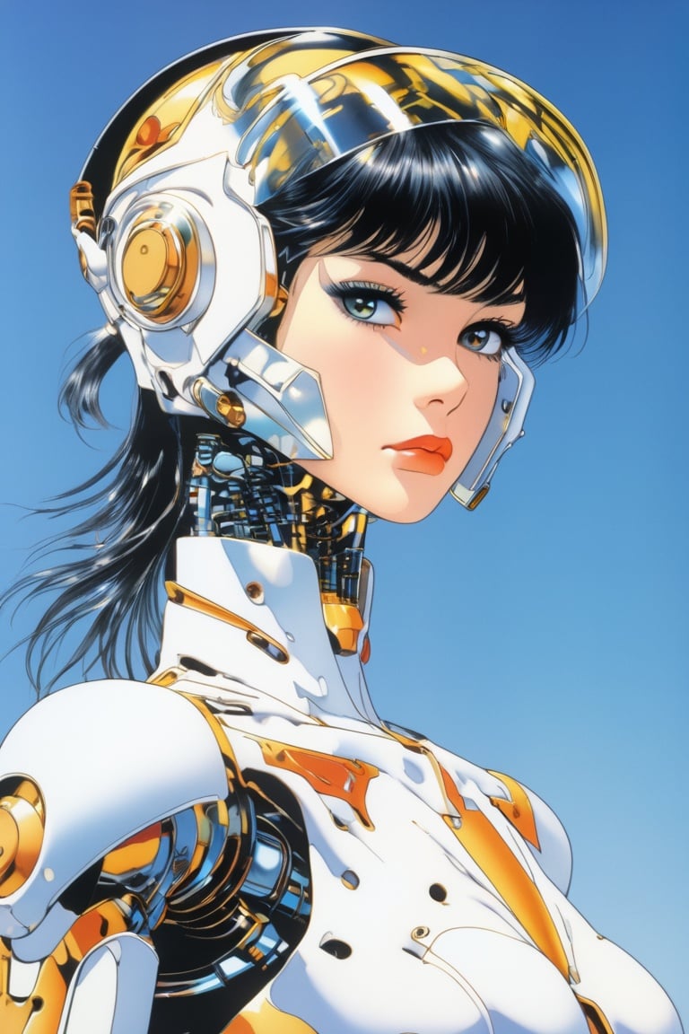 breathtaking Flat-colored still of a Cyborg anime girl from a 80s Anime portrayed by hajime sorayama,looking away from the viewer,solemn expression, . award-winning, professional, highly detailed