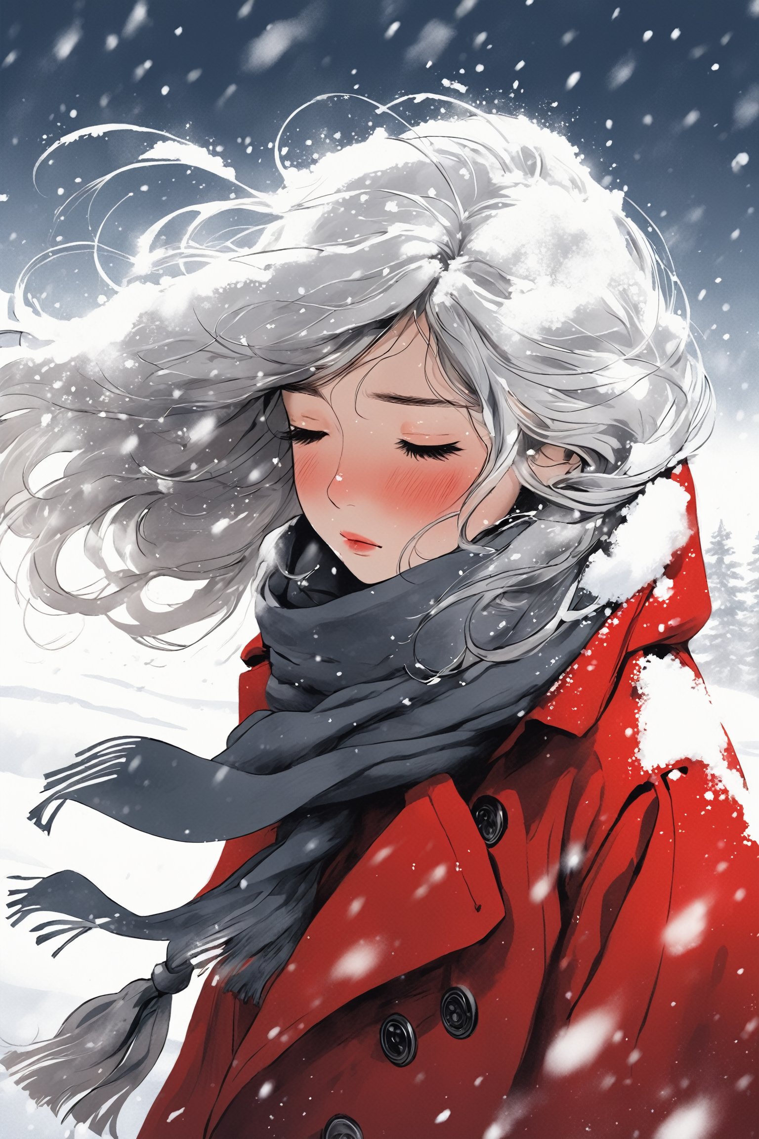  1 girl,full body,detailed face,In the snow all over the sky, a girl walking alone in the snow, wearing red thin trench coat, with a white scarf, Bare legs, bare feet, Holding her body tightly, her head bowed, her eyes closed, her mouth pressed together, and she was about to cry, Long white hair blows in the wind, The detailed and beautiful face was depressed, step by step, behind is a series of footprints, the snow is very big, the biting wind blowing her scarf, the distance is unbroken snow mountains, in this evening, helpless forward. , greyscale,sketch, monochrome, greyscale,crying, concept art