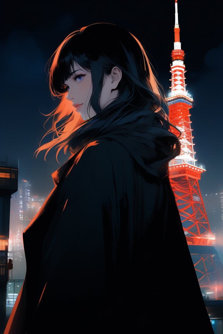  girl logical anatomy, logical outfit, logical face structure long coat tokyo tower, (Sui Ishida), dramatic lighting (masterpiece, best quality), monkren,light master,1girl,concept art