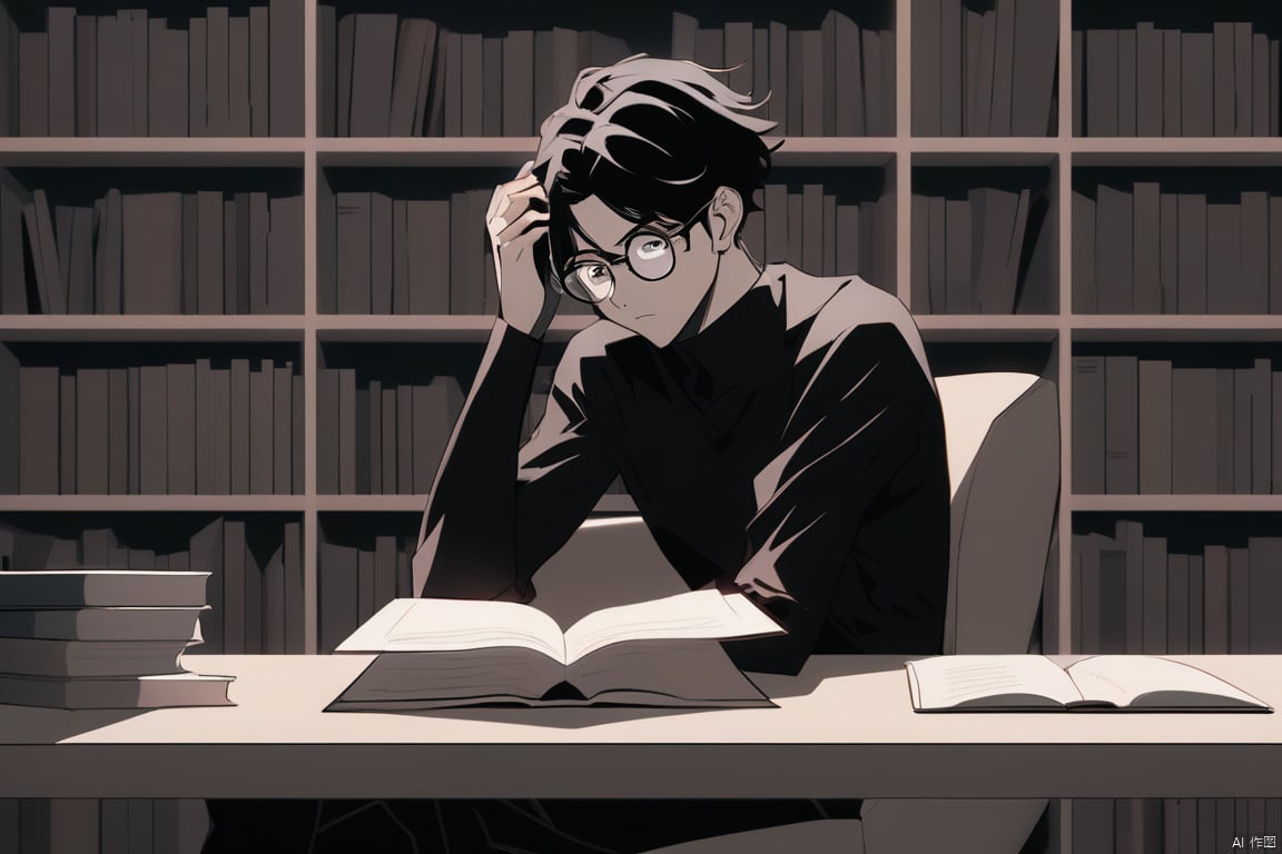  an anime character chilling in a sleek, minimalist library, totally immersed in some deep thoughts. Our character is a brainiac, rocking a pair of glasses, giving off that genius vibe. The library is all about that clean, modern aesthetic, looking straight