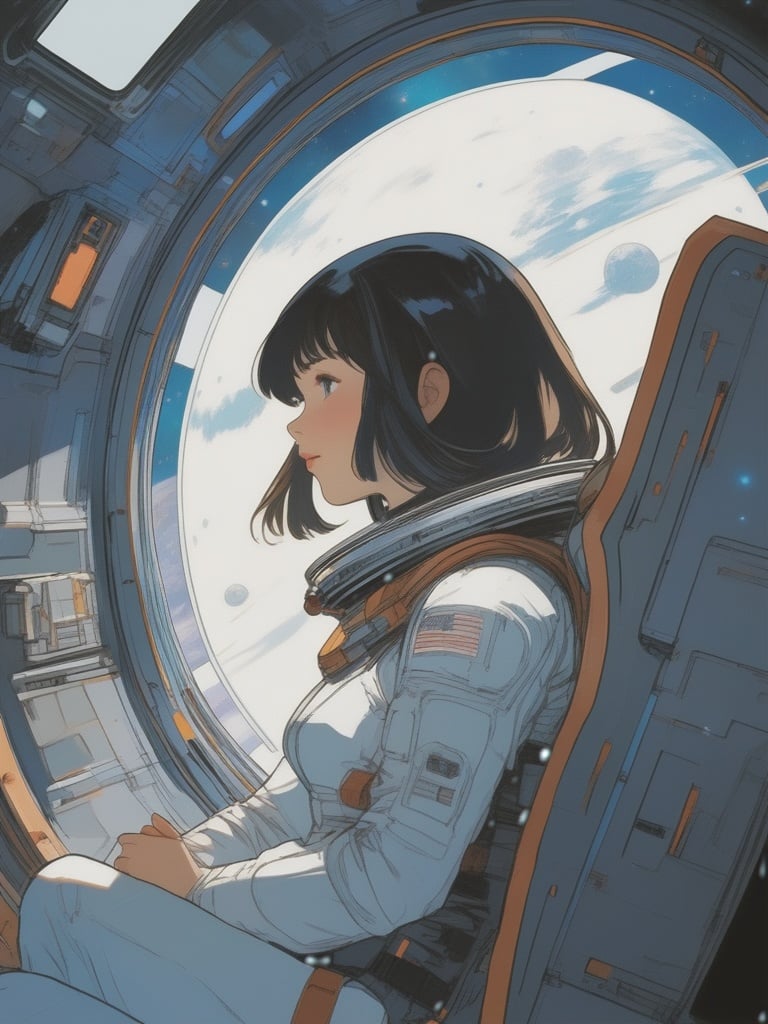 concept art anime artwork,Girl,sitting inside a spaceship,looking at the outside,deep space,art by J.C. Leyendecker . anime style,key visual,vibrant,studio anime,highly detailed, . digital artwork, illustrative, painterly, matte painting, highly detailed