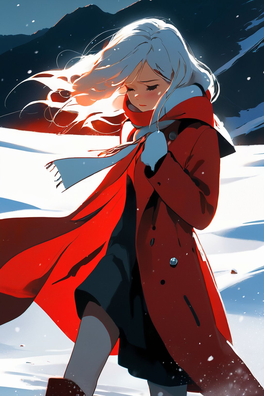  1 girl,full body,detailed face,In the snow all over the sky, a girl walking alone in the snow, wearing red thin trench coat, with a white scarf, Bare legs, bare feet, Holding her body tightly, her head bowed, her eyes closed, her mouth pressed together, and she was about to cry, Long white hair blows in the wind, The detailed and beautiful face was depressed, step by step, behind is a series of footprints, the snow is very big, the biting wind blowing her scarf, the distance is unbroken snow mountains, in this evening, helpless forward. , greyscale,sketch, monochrome, greyscale,crying, concept art, ((wlop))