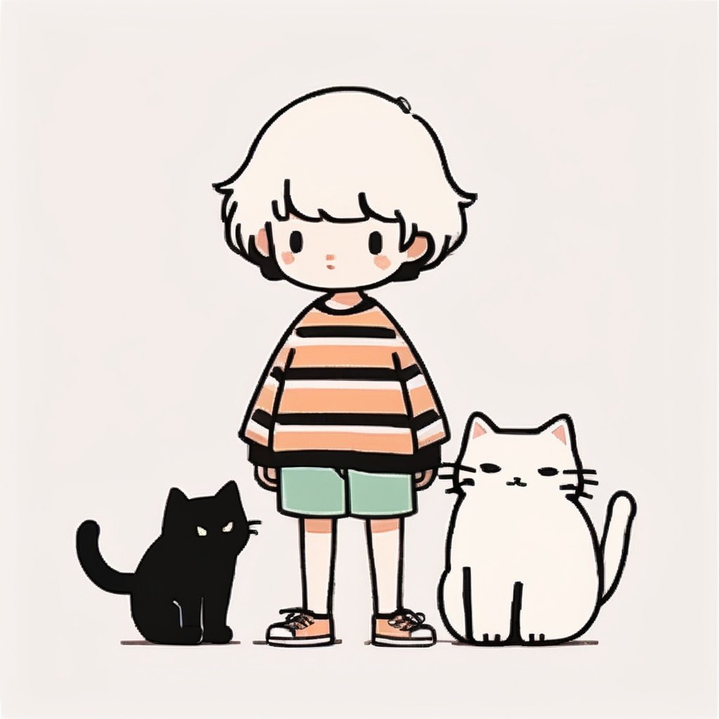  1girl, animal, black cat, black eyes, cat, full body, shirt, shoes, short hair, simple background, solo, standing, striped, white background, white cat, simpleline,,simpleline,concept art