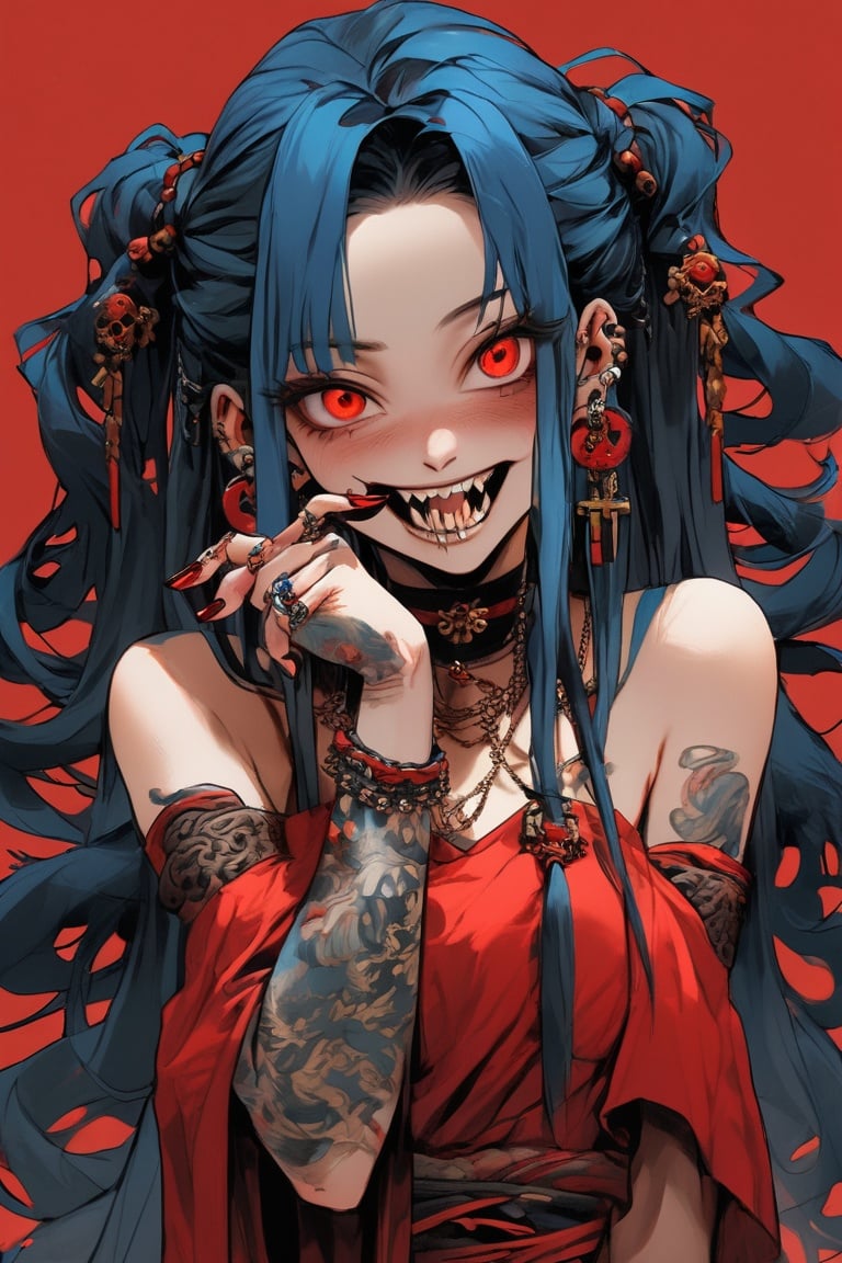  best quality, masterpiece, by rolua, 1girl, solo, hair rings, chain, yellow eyes, blue hair, red background, long hair, looking at viewer, braid, jewelry, open mouth, hair ornament, fangs, bangs, teeth, mole, dress, simple background, black nails, fingernails, cross, bare shoulders, chinese clothes, upper body, nail polish