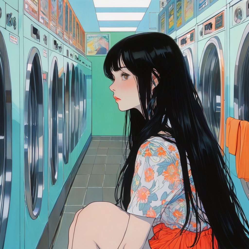 Woman,  long black hair,  bored,  waiting at a laundromat,  art by Junji Ito,  art by Martine Johanna,  anime network,  anime style