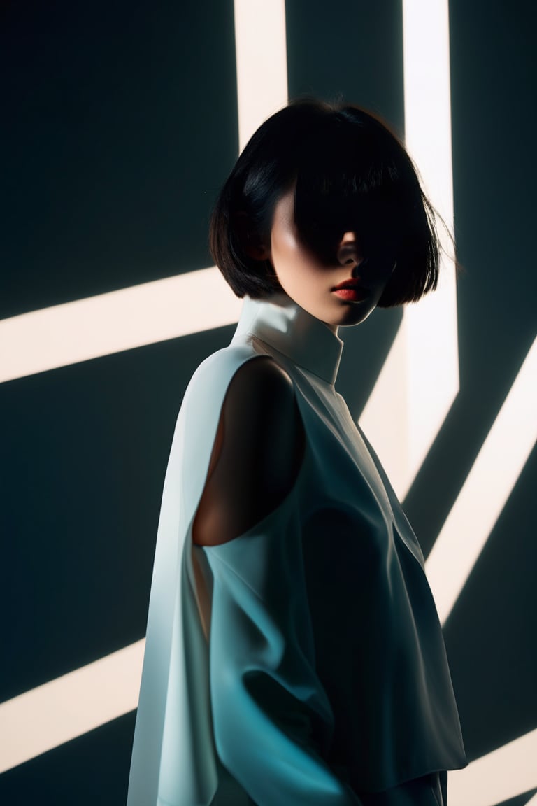  photographic of a girl for cgart mayfly\(mdoel\) test. Textured garments, poised poise, dramatic angles. BREAK, geometric shapes, contrasts of light and shadow, slick futurism, avant-garde styling, high-tech backdrop, crisp lines, ultra-high resolution,sunlight, monkren,concept art