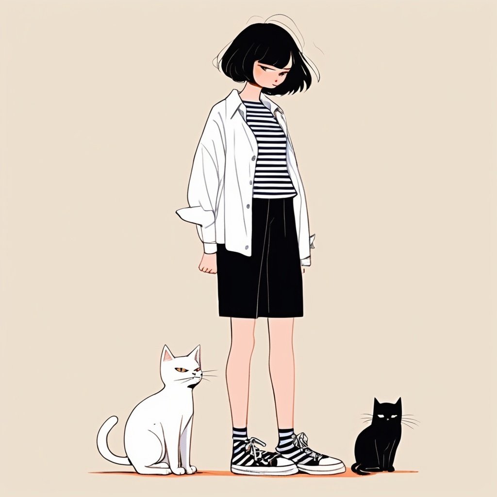  1girl, animal, black cat, black eyes, cat, full body, shirt, shoes, short hair, simple background, solo, standing, striped, white background, white cat, simpleline,,simpleline,concept art