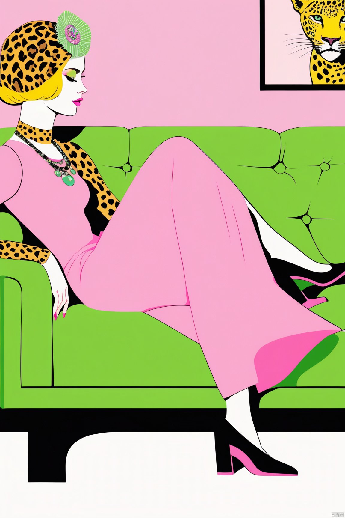  a fashion female and a Leopard setting on sofa in the house,in the style of Grayson Perry,close up,Strong color contrast,light pink and light green,minimalist images