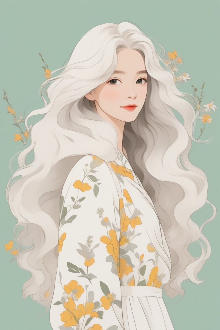 a girl wearing flower clothes,wavy hair,long white hair,simple background,in style of Harriet Lee-Merrion,, (((masterpiece))),(((best quality))),((ultra-detailed))