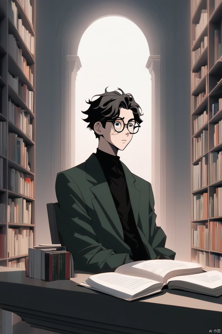 an anime character chilling in a sleek, minimalist library, totally immersed in some deep thoughts. Our character is a brainiac, rocking a pair of glasses, giving off that genius vibe. The library is all about that clean, modern aesthetic, looking straight