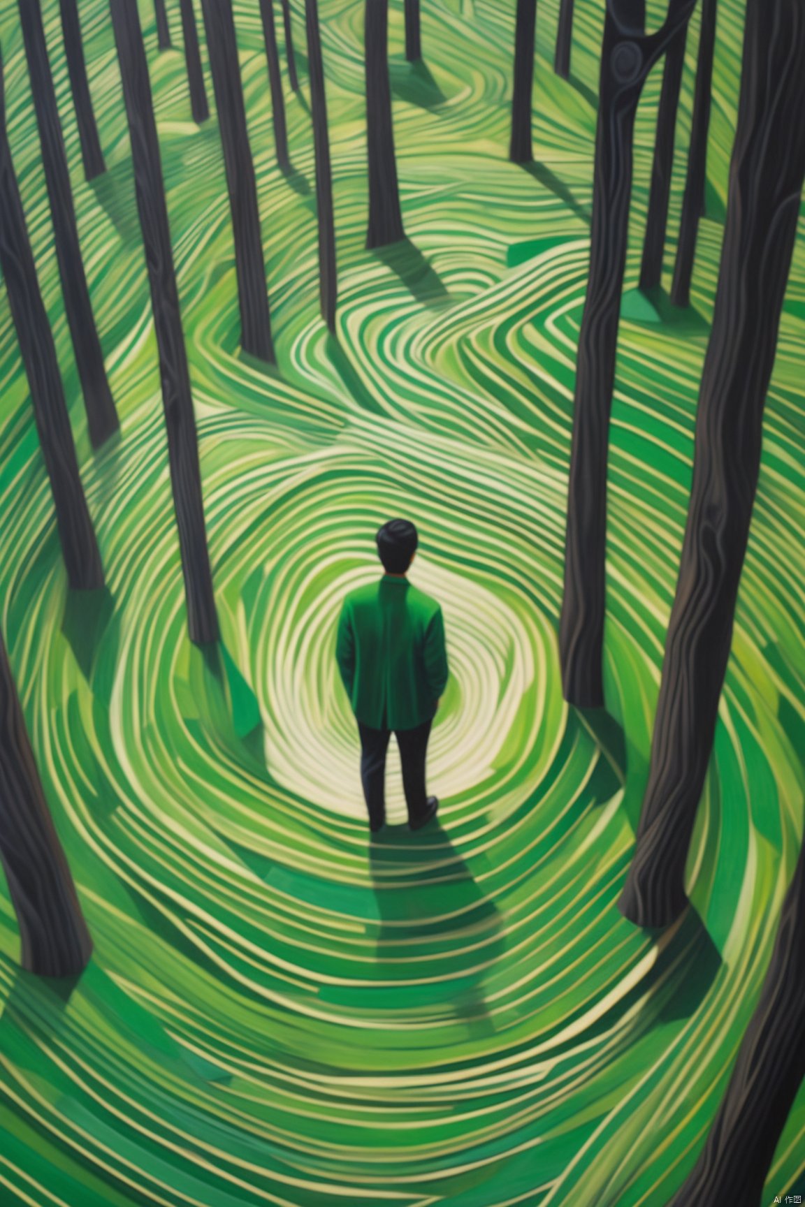 A detailed image man lost in green forest, in the style of contemporary op art, kintsugi, large-scale canvas, hard edge painter, eye-catching detail, aerial view, sudersan pattnaik