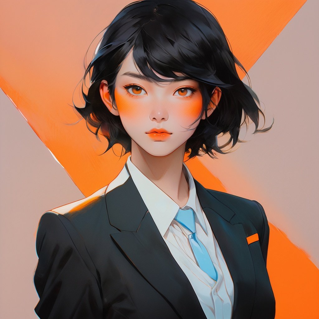  concept art (realistic:1.1),ghibli,anime,(1girl ),office suit,upper body,fluorescent,orange gradient background,Harumi Hironaka,(masterpiece,best quality,niji style), . digital artwork, illustrative, painterly, matte painting, highly detailed