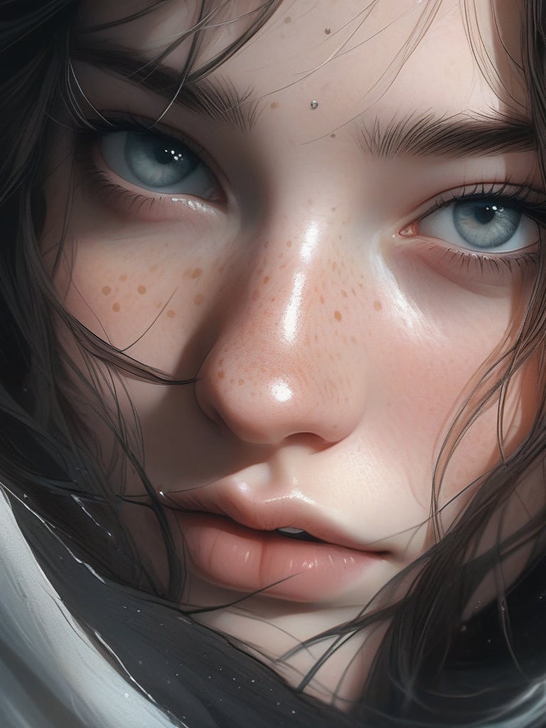 concept art Close up, portrait, woman, beautiful woman, freckles, freckle faced, pale, pale skin, ghostly skin, piercing, face piercing, nose ring, nose piercing, 8k, HD, realism, hyper realistic . digital artwork, illustrative, painterly, matte painting, highly detailed