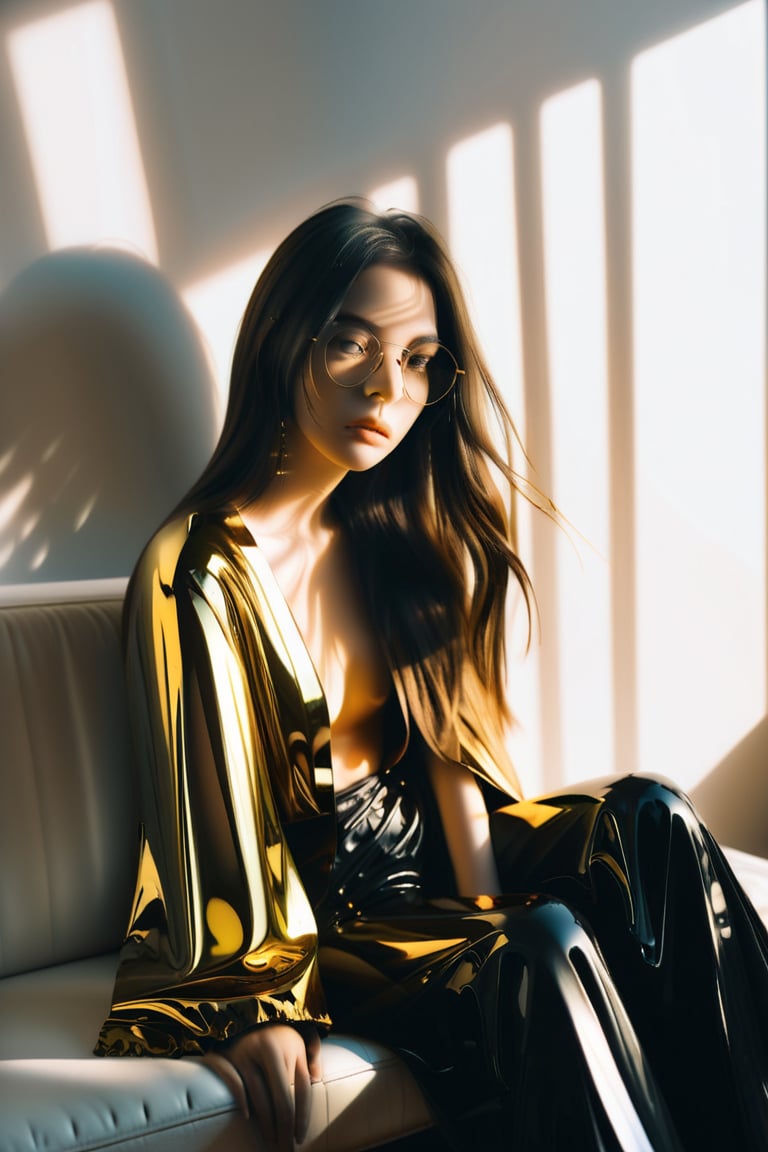  (Alessio Albi) 
1girl reflective glasses
sitting on couch
bangs
long hair
shadows,
Gradient mastery, ink, gold decorations and alcohol ink elements.
contemporary, fashion, photography, photography-color, portraits, ((wlop)), sunlight, monkren