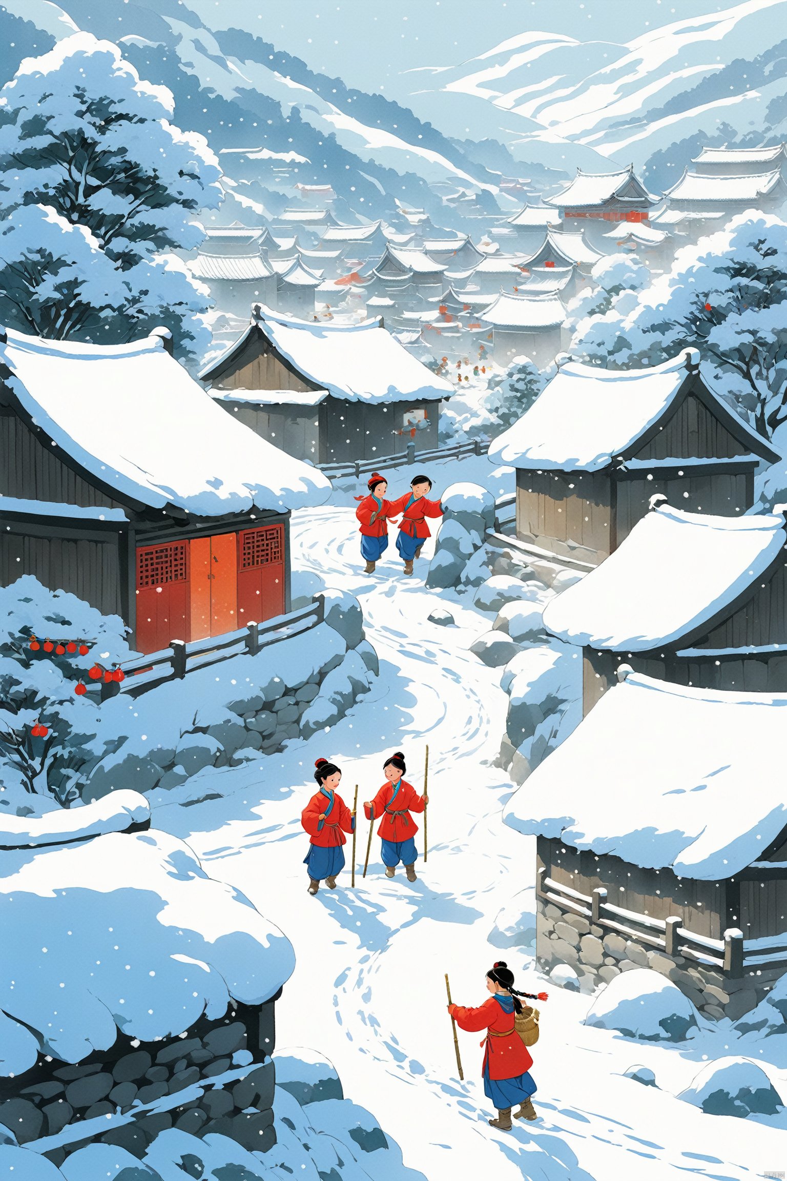  Thick Tu Guomang, Feng Zikai, textbook illustrations, children's illustrations, Northeast Snow Village, with heavy snowfall, a group of children playing with snow, villages, elegant and simple, novel illustration style, depicting rural life, warm scenes, children's book illustrations, official art, digital painting, fine character portrayal, clear facial features, complete fingers, perfect composition, concept art