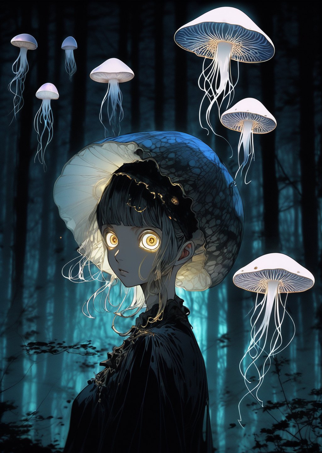 by moebius 
beautiful, anime , 
1 female  , mushroom, upper body
looking at viewer, 
night, woods , moonlight
glowing jellyfish
 high contrast, and dramatic interplay of shadow and light. gothic horror , dark fantasy, digital art  , Gradient mastery, gold and alcohol ink element
