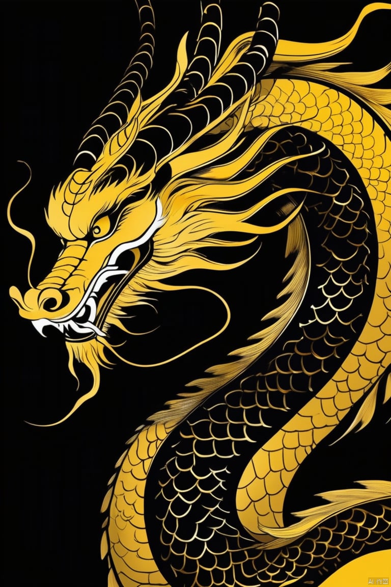 Chinese dragon, in the style of futuristic glam, black paintings, dark black and yellow, asaf hanuka, molecular, airbrush art, dark bronze 