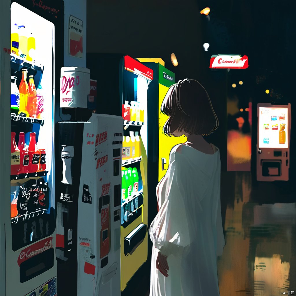  ,a woman in a white dress looking at a vending machine with drinks in it at night time,solo,short_hair,1boy,male_focus,outdoors,from_behind,cape,facing_away,shop,vending_machine, concept art