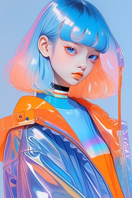  transparent color PVC clothing,transparent color vinyl clothing,prismatic,holographic,chromatic aberration,fashion illustration,masterpiece,girl with harajuku fashion,looking at viewer,8k,ultra detailed,pixiv,blue and orange background,
, concept art