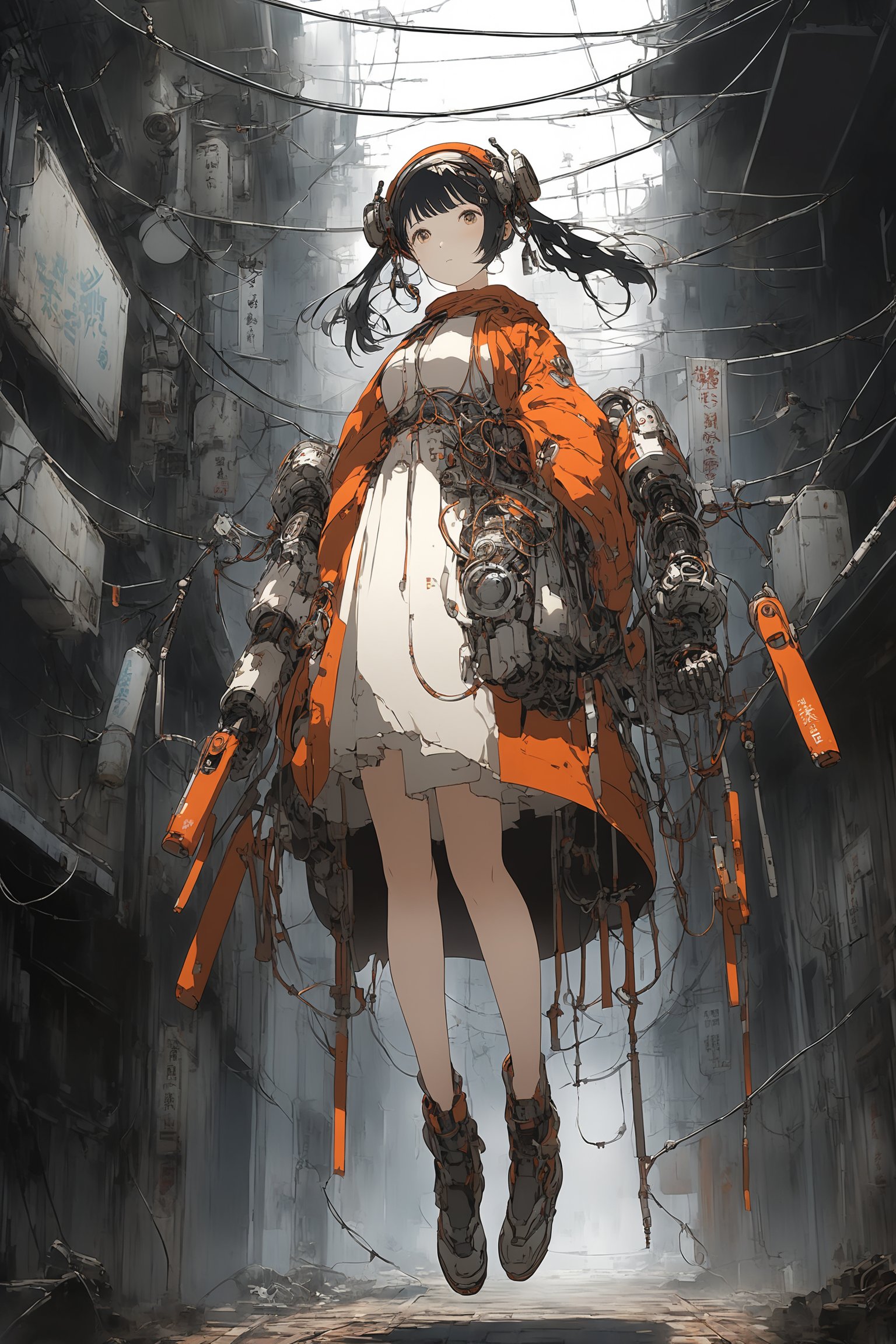  1 woman, robot cyborg
full body, hanging in the air
anime
broken maintenance
oriental
poetic
horror
ghost
tubes , wires
by
 Akihiko Yoshida
, concept art