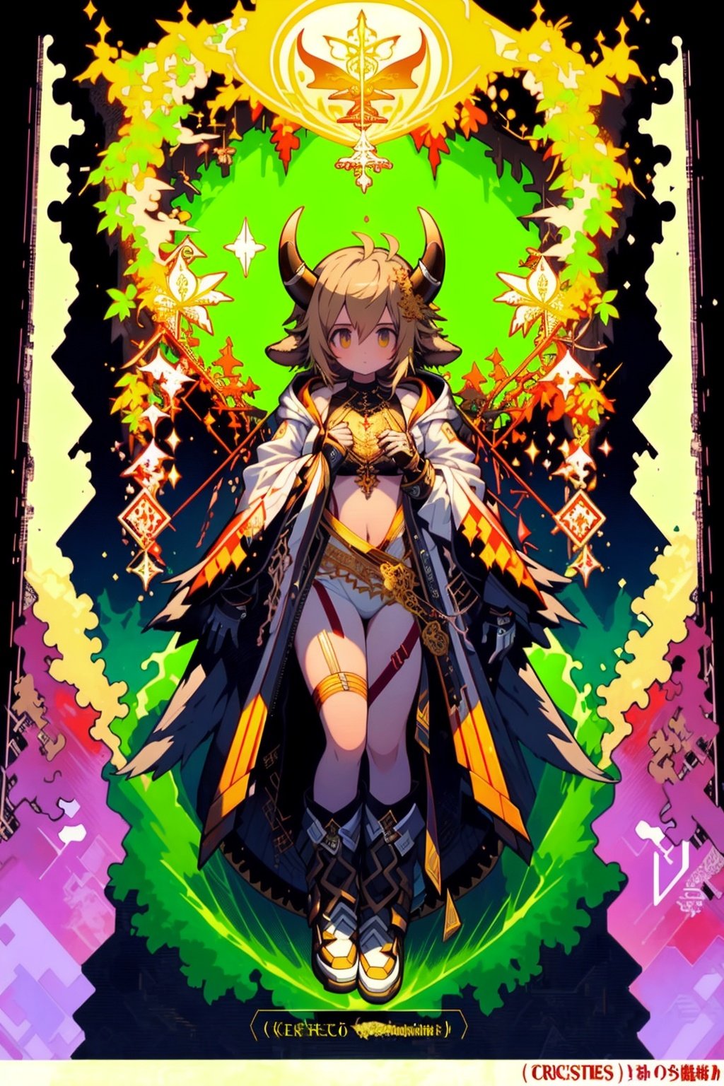  (masterpiece, top quality, best quality, official art, beautiful and aesthetic: 1.2), (1 girl), (full body: 1.3), extreme detailed, (fractal art: 1.3), colorful, break, highest detailed, Red, break, White, break, Yellow, break, Chest, Abdomen, Nine-tailed fox, (whole body: 1.5), WaHaa,cow horn, cow boy,