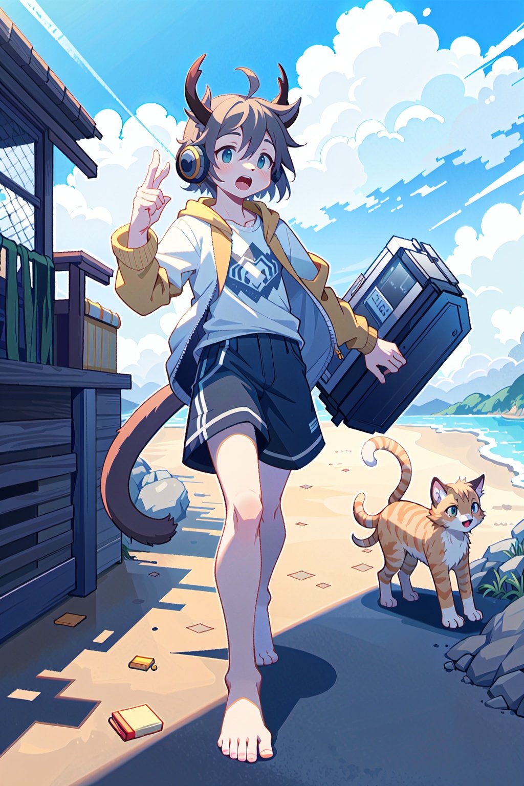  ahoge, furry, Children with bells and headphones, furry, open mouth, Big fluffy tail, An eight-year-old boy, Not a spot on the whole body, Yellow cat ears and brown antlers, Gray shorts, White shirt, The size of the cat, Juvenile, Skinny body type, 1boy, cat boy, furry, cub, ultra cute face, full body, perfect lighting, masterpiece, ultra detailed, White clothes, ultra detailed fur, Beach, outside, The blue sky and white clouds, Alone,barefoot