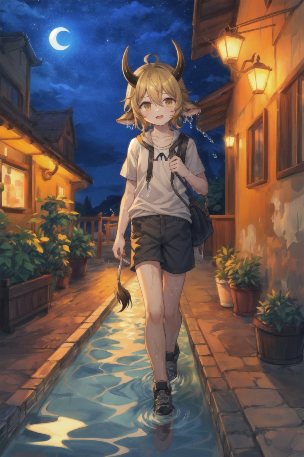  a girl,cute,night,water,famale focus,wallpaper,walk,cow boy，cow horn，yellow hair，