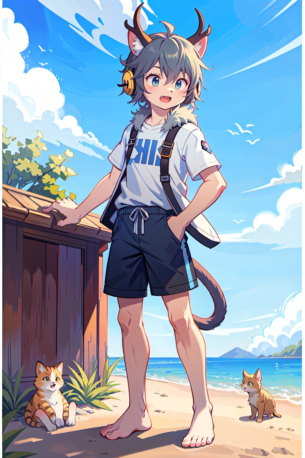  ahoge, furry, Children with bells and headphones, furry, open mouth, Big fluffy tail, An eight-year-old boy, Not a spot on the whole body, Yellow cat ears and brown antlers, Gray shorts, White shirt, The size of the cat, Juvenile, Skinny body type, 1boy, cat boy, furry, cub, ultra cute face, full body, perfect lighting, masterpiece, ultra detailed, White clothes, ultra detailed fur, Beach, outside, The blue sky and white clouds, Alone,barefoot