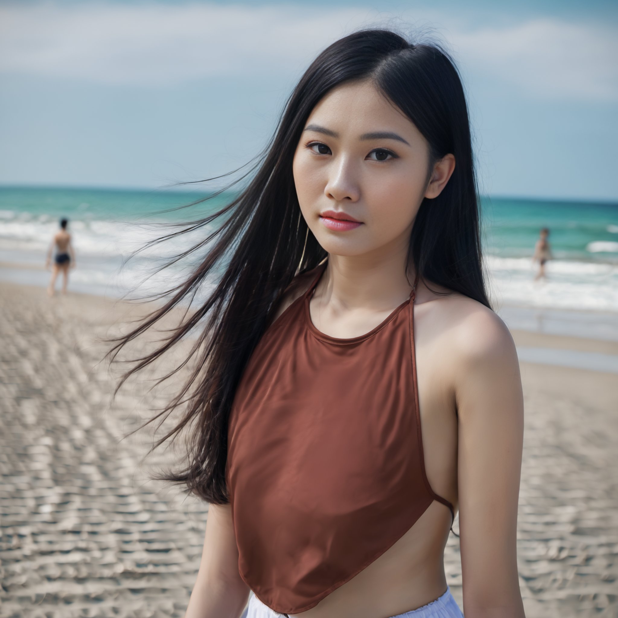 (full body wide shot:1.7), realistic, professional photograph of 18 years old (Vietnamese girl wear aoyem) (rise hand, standing on the beach), (mung headband), long pants, fine art parody, (see-through), sideboob, dynamic background, dynamic composition, grainy, expressive eyes, sexy cleavage, (((perfect face))), (((perfect eyes))), (((perfect body))), sexual hands, sexual body, ((small breast)), detailed skin, detailed face, detailed eyes, skin pores, natural skin textures, natural skin lines, distance, richly, (sexual dynamic pose:1.47), (((seductively posing))), photograph shot on Pentax 645 medium format film camera, F/2.8 35mm Pentax medium format lens, Fujifilm ETERNA Bleach Bypas medium format film, lens flares, (((wide angle))), (bokeh:0.6), (sharp focus), lofi, analog, Fujifilm film, (backlight on hair), soft light, film grain, (((low saturation, cool white balance))), (((RAW photo))), film photography, wide lens, wide view, award winning photography, post-production, masterpiece, realistic proportions, 16K, (((best quality))), ultra high res, ((realistic hyper-detailed portraits)), (analog:1.3), <lora:10_aoyem_30ep_constant_v1_xmixx:1>