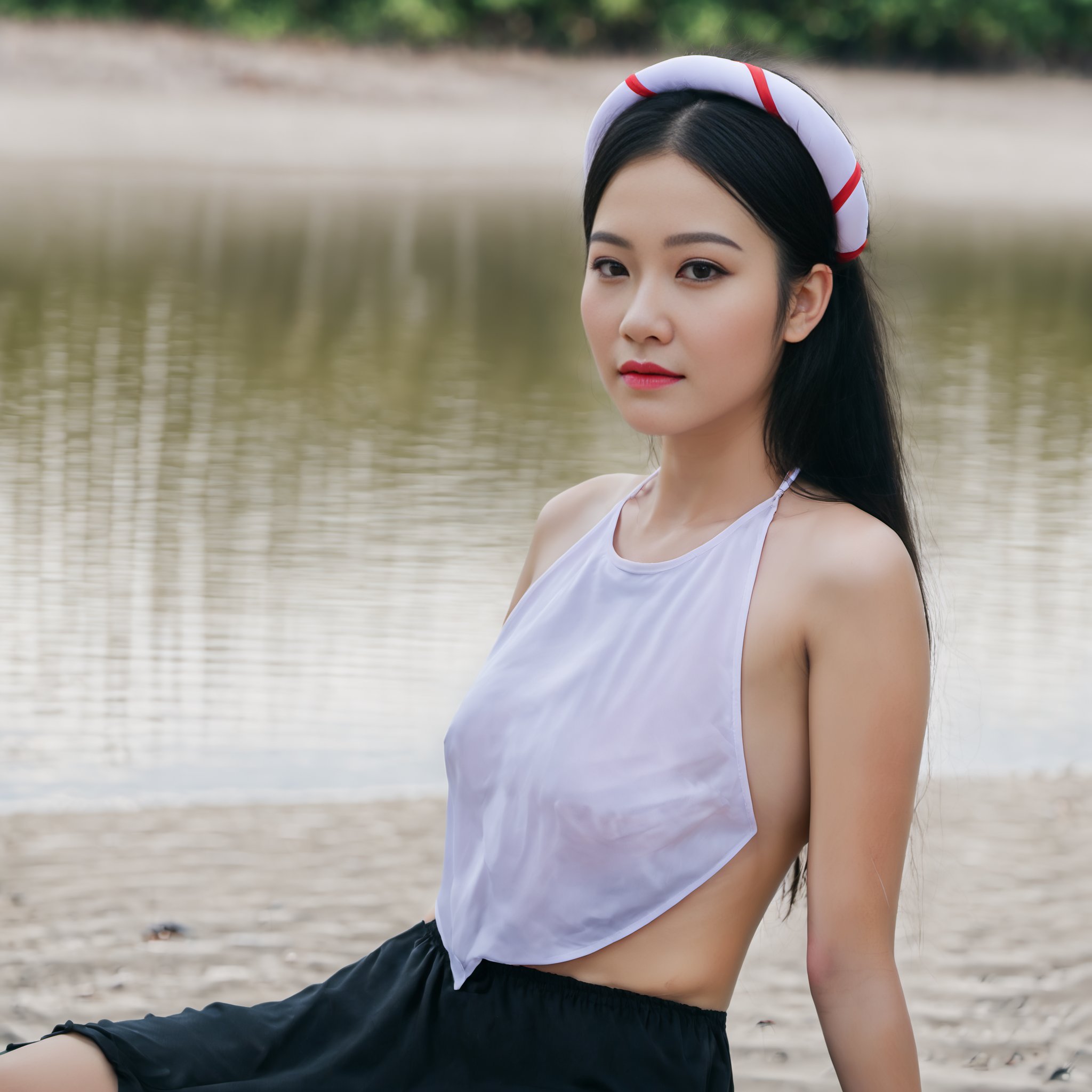 (full body wide shot:1.7), realistic, professional photograph of 18 years old (Vietnamese girl wear aoyem) (rise hand, standing on the beach), (mung headband), long pants, fine art parody, (see-through), sideboob, dynamic background, dynamic composition, grainy, expressive eyes, sexy cleavage, (((perfect face))), (((perfect eyes))), (((perfect body))), sexual hands, sexual body, ((small breast)), detailed skin, detailed face, detailed eyes, skin pores, natural skin textures, natural skin lines, distance, richly, (sexual dynamic pose:1.47), (((seductively posing))), photograph shot on Pentax 645 medium format film camera, F/2.8 35mm Pentax medium format lens, Fujifilm ETERNA Bleach Bypas medium format film, lens flares, (((wide angle))), (bokeh:0.6), (sharp focus), lofi, analog, Fujifilm film, (backlight on hair), soft light, film grain, (((low saturation, cool white balance))), (((RAW photo))), film photography, wide lens, wide view, award winning photography, post-production, masterpiece, realistic proportions, 16K, (((best quality))), ultra high res, ((realistic hyper-detailed portraits)), (analog:1.3), <lora:10_aoyem_30ep_constant_v1_xmixx:1>