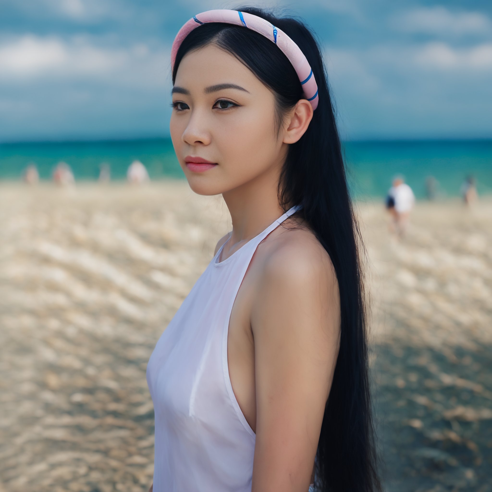 (full body wide shot:1.7), realistic, professional photograph of 18 years old (Vietnamese girl wear aoyem) (rise hand, standing on the beach), (mung headband), long pants, fine art parody, (see-through), sideboob, dynamic background, dynamic composition, grainy, expressive eyes, sexy cleavage, (((perfect face))), (((perfect eyes))), (((perfect body))), sexual hands, sexual body, ((small breast)), detailed skin, detailed face, detailed eyes, skin pores, natural skin textures, natural skin lines, distance, richly, (sexual dynamic pose:1.47), (((seductively posing))), photograph shot on Pentax 645 medium format film camera, F/2.8 35mm Pentax medium format lens, Fujifilm ETERNA Bleach Bypas medium format film, lens flares, (((wide angle))), (bokeh:0.6), (sharp focus), lofi, analog, Fujifilm film, (backlight on hair), soft light, film grain, (((low saturation, cool white balance))), (((RAW photo))), film photography, wide lens, wide view, award winning photography, post-production, masterpiece, realistic proportions, 16K, (((best quality))), ultra high res, ((realistic hyper-detailed portraits)), (analog:1.3), <lora:10_aoyem_30ep_constant_v1_xmixx:1>