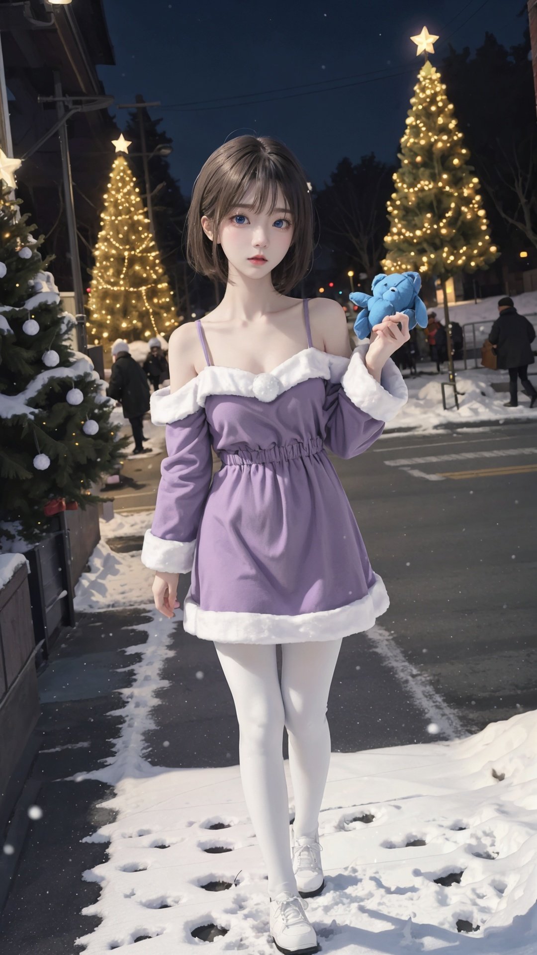 1girl, Christmas custom,bare shoulder,snowing,full body, purple hair, blue eyes, holding bear toy,walking on the street,looling to side, christmas tree,night, :o,cute loli,mid shot, wide shot, depth of field,white pantyhose,