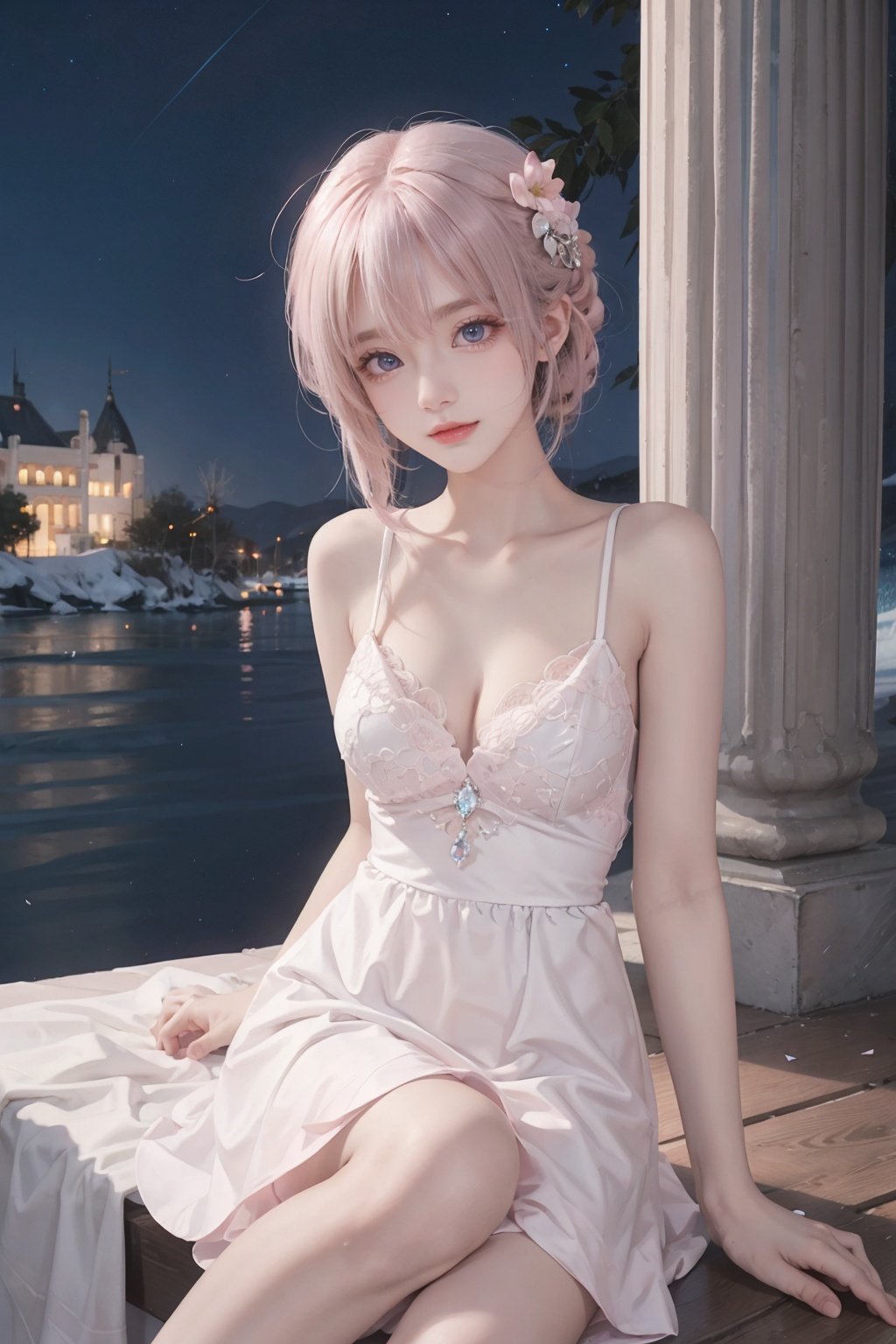  High Quality Artistic Style, Romantic Atmosphere, Soft Lighting, knee Shot, detailed Background Environment, Beautiful Girl with Pink Hair, (Pink Hair), (Beautiful Eyes), (White Dress), Smiling Expression, Accessories, Leaning on a Column, Floating Pink Petals, BREAK, Soft Pink Sky, Glowing White Moon, Sparkling Blue Ice Crystals.,1girl