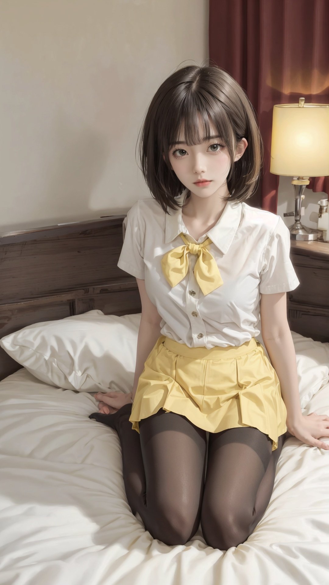 1girl,solo.bob haircut,white shirt,short sleeves,yellow skirt,yellow bowtie,black pantyhose,loafers,cameltoe.lying on bed,looking at viewer.full body,