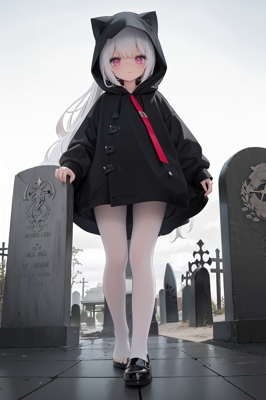  1girl, loli, petite child, white hair, long hair, red eyes, grim reaper, black robe, cat_hood, standing on one leg, another leg up, trample, white pantyhose, foot soles, underfoot, look down, shadow, graveyard, tombstone,beach, (from below:1.2)