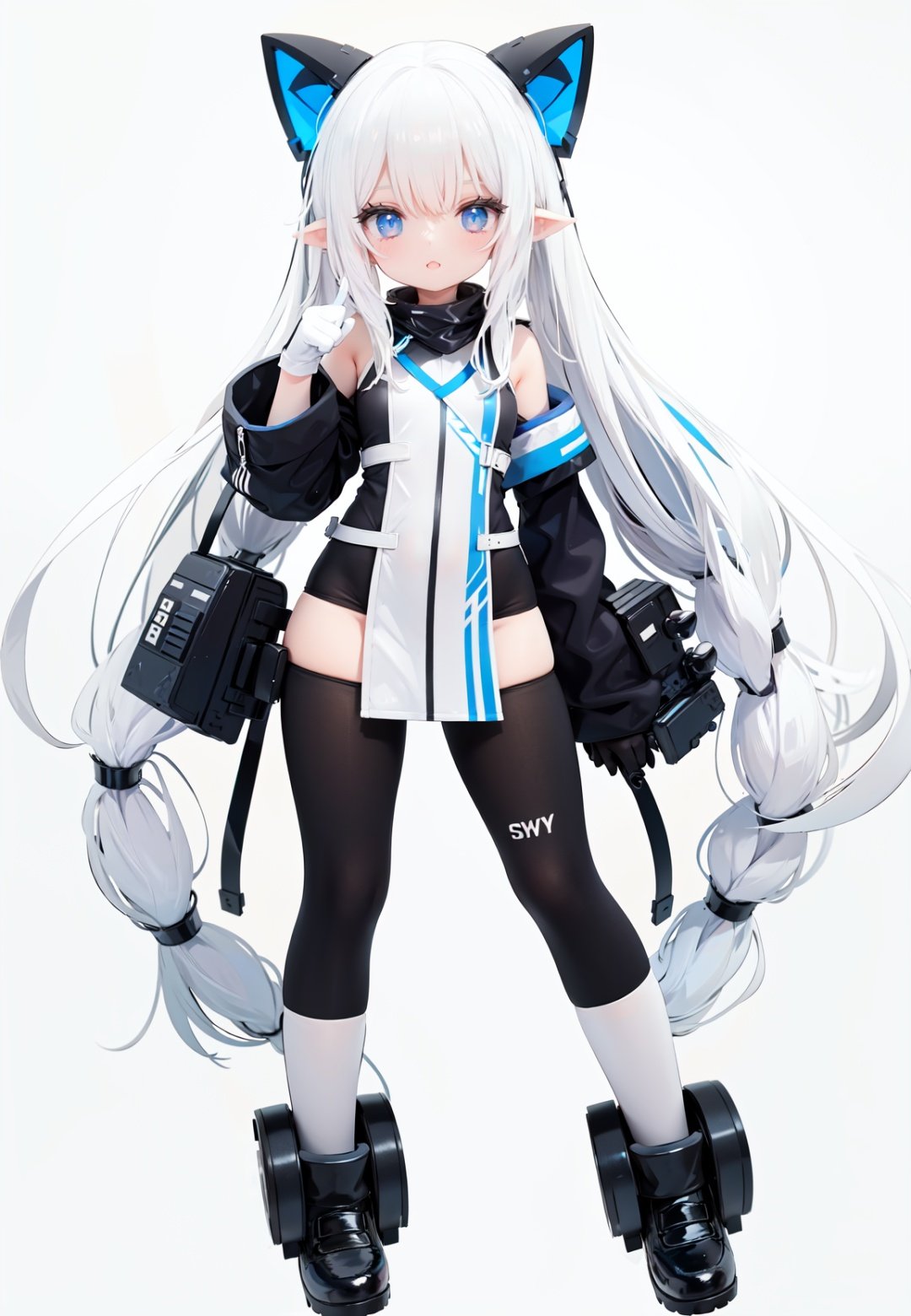  1girl, white_gloves, braid, full_body, gloves, long_hair, official_alternate_costume, pointy_ears, simple_background, solo, standing, very_long_hair, white_background, white hair, blue eyes, paw claw pose, open_mouth