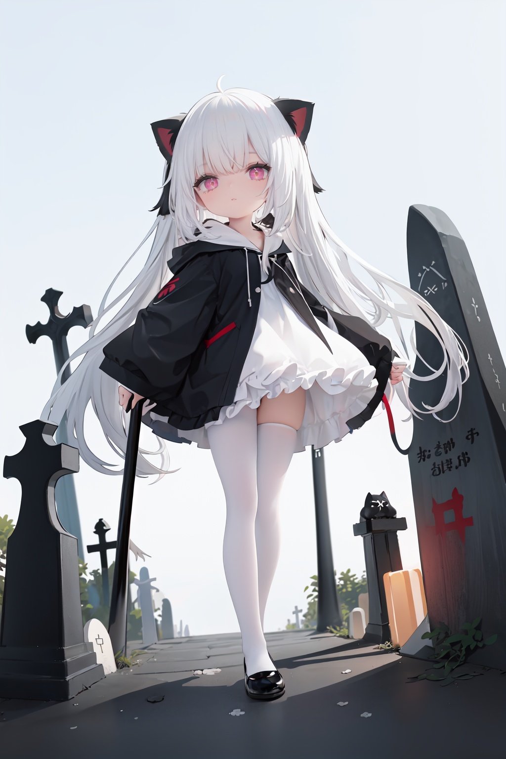  1girl, loli, petite child, white hair, long hair, red eyes, grim reaper, black robe, cat_hood, standing on one leg, another leg up, trample, white pantyhose, foot soles, underfoot, look down, shadow, graveyard, tombstone,beach, (from below:1.2)