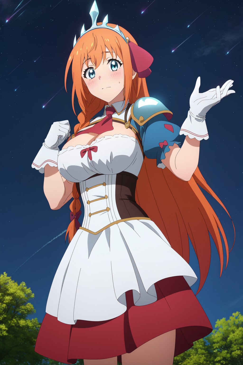 Priconne anime lineart, Pecorine, orange hair, long hair, ahoge, 1girl, tiara, blue eyes,cleavage, large breasts,very long hair, hair ribbon,hair between eyes, braid, 

short sleeves, puffy sleeves, puffy short sleeves, ascot, red ascot, gloves, white gloves, armor, dress, shoulder armor, 

embarassed, blush,

 large breasts, beautiful breasts,

 looking at viewer,  outdoors, night sky, sky full of stars, highest quality, masterpiece, best quality, highly detailed, perfect scenery, perfect lighting, perfect scenery, uncensored, high resolution, unity 8k wallpaper, (illustration:0.8), beautiful detailed eyes, negative_hand, negative_hand-neg, uncensored,