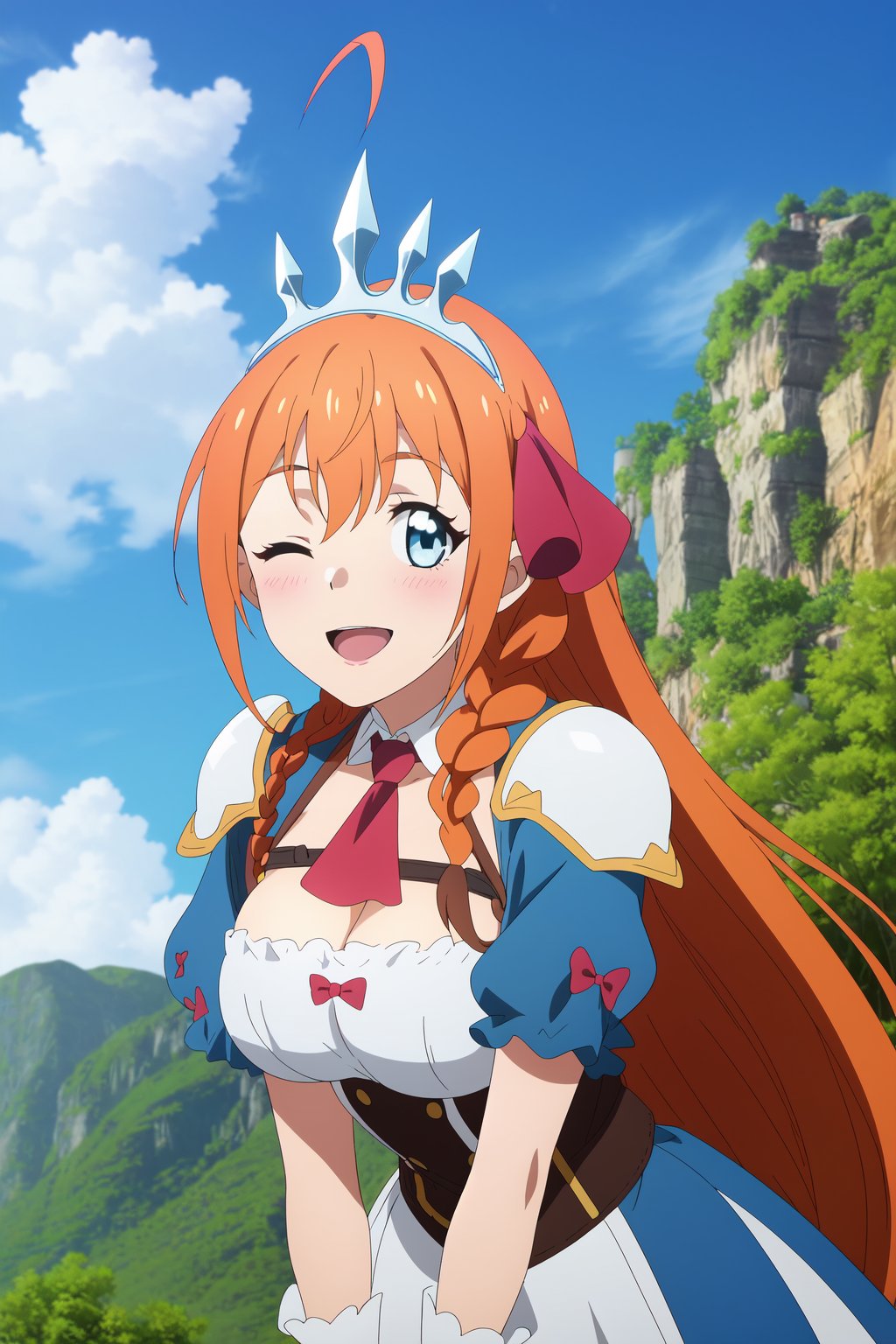 Priconne anime lineart, Pecorine, orange hair, long hair, ahoge, 1girl, tiara, blue eyes,cleavage, large breasts,very long hair, hair ribbon,hair between eyes, braid, 

short sleeves, puffy sleeves, puffy short sleeves, ascot, red ascot, gloves, white gloves, armor, dress, shoulder armor, 

blush, smile, one eye closed, open mouth, ^_^, arms behind,

large breasts, beautiful breasts, looking at viewer, leaning forward, upper_body, 

looking at viewer, outdoors, blue sky, shiny,

highest quality, masterpiece, best quality, highly detailed, perfect scenery, perfect lighting, perfect scenery, uncensored, high resolution, unity 8k wallpaper, (illustration:0.8), beautiful detailed eyes, negative_hand, negative_hand-neg, uncensored,