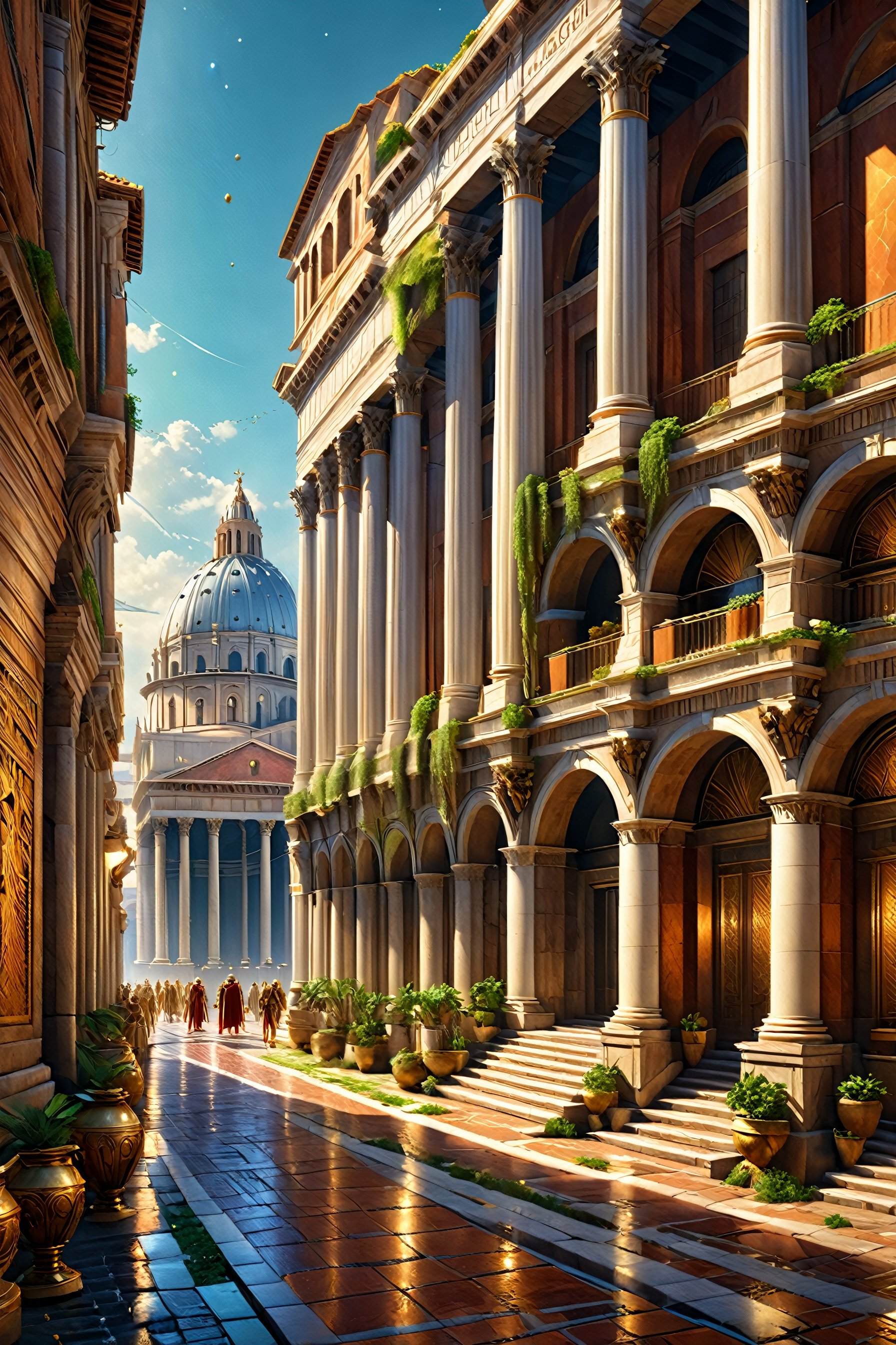 realistic roman cityscape, roman woman, beautiful colours, sharp textures, nikolay georgiev, alex ross, bruce pennington, donato giancola, larry elmore, masterpiece, oils on canvas, trending on artstation, featured on pixiv, cinematic composition, sharp, details, hyper - detailed, hd, hdr, 4 k, 8 k,Renaissance Sci-Fi Fantasy,DonMC3l3st14l3xpl0r3rsXL,more detail XL,High Renaissance,Sci-Fi