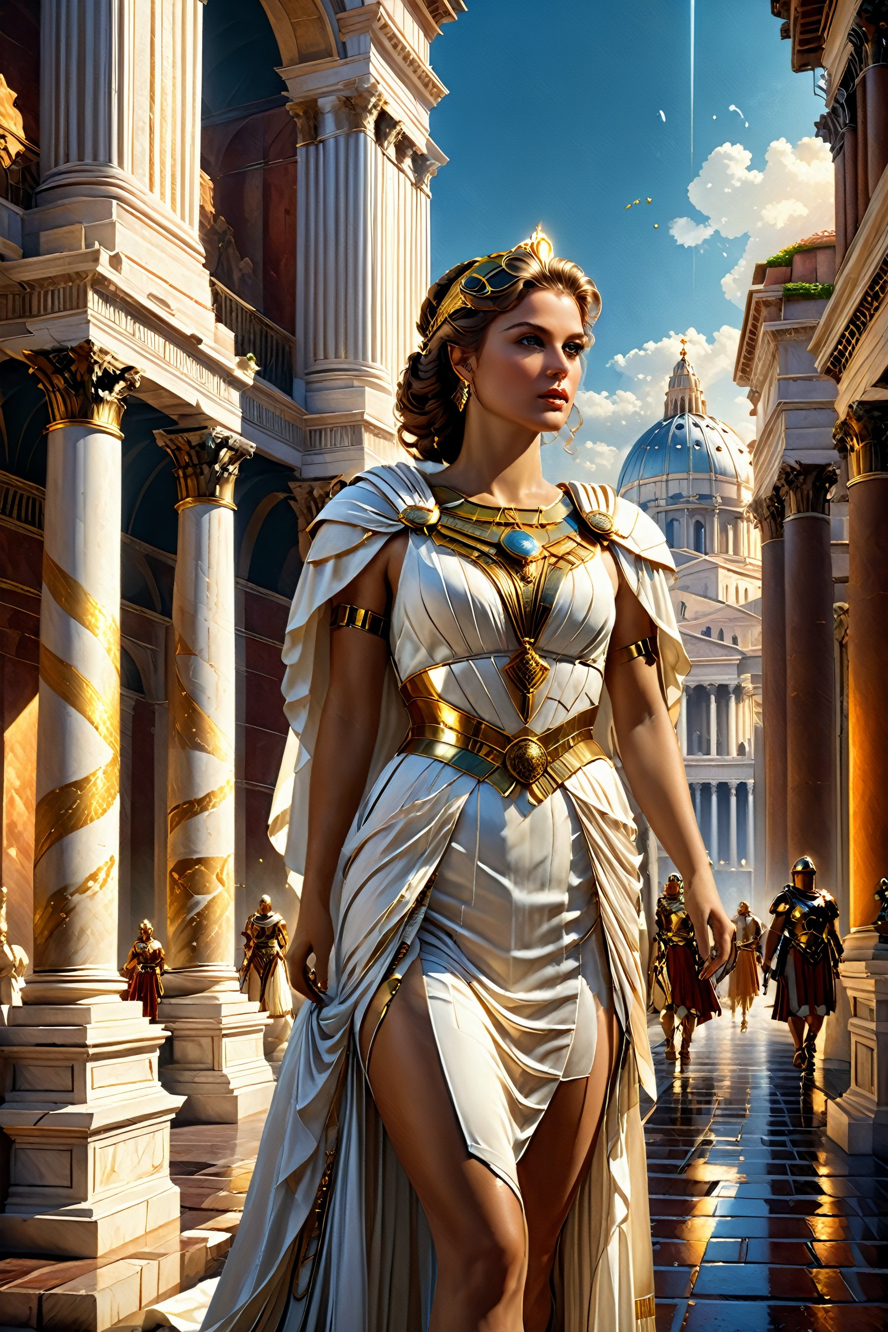 Baroque painting roman cityscape, roman woman, white dress, beautiful colours, sharp textures, nikolay georgiev, alex ross, bruce pennington, donato giancola, larry elmore, masterpiece, oils on canvas, trending on artstation, featured on pixiv, cinematic composition, sharp, details, hyper - detailed, hd, hdr, 4 k, 8 k,Renaissance Sci-Fi Fantasy,DonMC3l3st14l3xpl0r3rsXL,more detail XL,High Renaissance,Sci-Fi