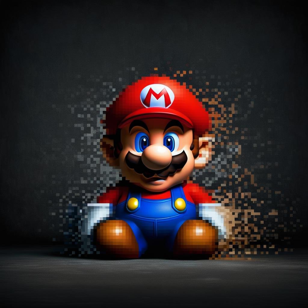 super mario dissolving into pixels,, windy, dark background <lora:Aether_Pixel_v1_SDXL_LoRA:1>