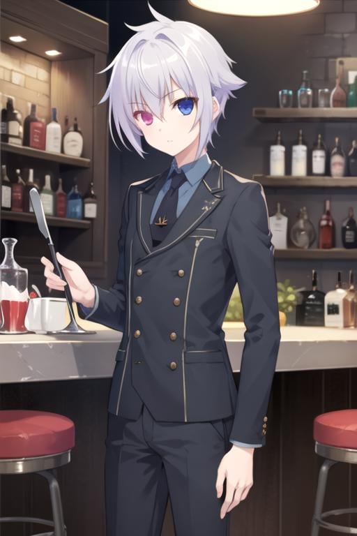 masterpiece, best quality, game cg, 1boy, solo, male focus, looking at viewer, , depth of field, , , <lora:tsukasa_mikogami:0.70>, tsukasa_mikogami, grey hair, purple eyes, heterochromia, blue eyes, , robot costume, bar, High definition